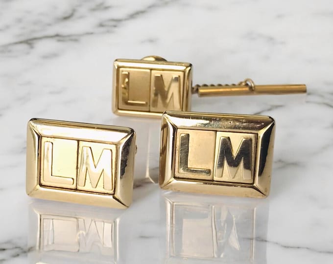 Personalized Vintage Cufflinks and Tie Pin Set, Formal French Cuff Link Accent, Goldtone Embossed Initials LM Rectangular, Retro Fashion
