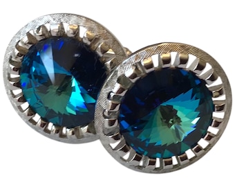 Vintage Rivoli Crystal Cufflinks, Coastal Blue Stone Set in Silvertone Casing, Retro Groom, Beautiful Mid Century Cuff Link Pair, Groom Set