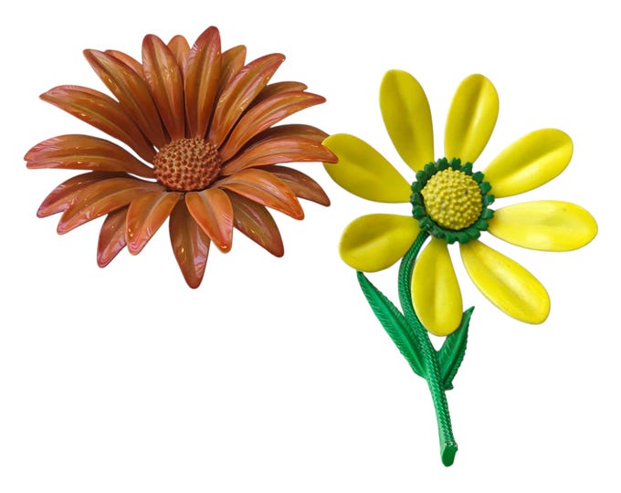 Retro Flower Power Pins, Two Enamel Metal Floral Brooches, Yellow Sunshine Green Stem, Burnt Orange Gerber Daisy, Mid Century Lapel Accent