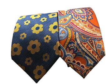 Groovy Colorful Ties, Preowned Vintage Lancetti Flower Power Tie, Bold Blue Yellow Floral, Orange Blue Lively Paisley Geoffrey Beene Necktie