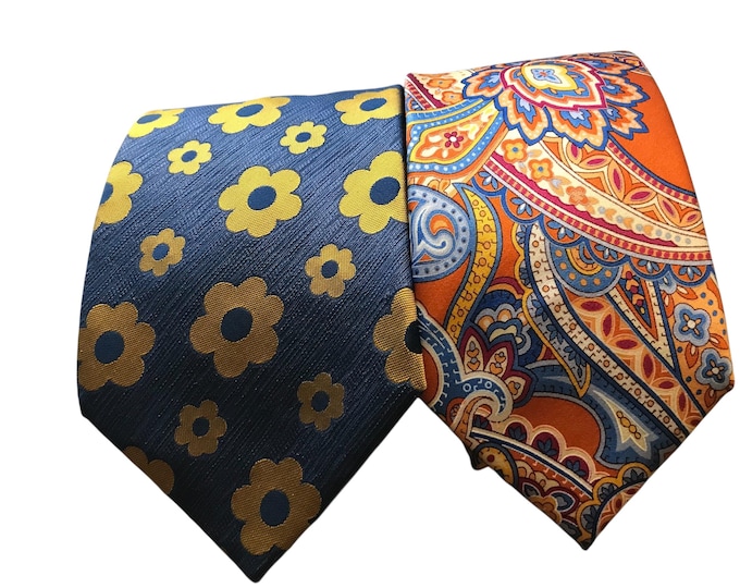 Groovy Colorful Ties, Preowned Vintage Lancetti Flower Power Tie, Bold Blue Yellow Floral, Orange Blue Lively Paisley Geoffrey Beene Necktie