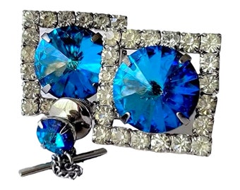 Vintage Cufflinks Tie Pin Set with Big Boss Bling, Deep Iridescent Blue Rivoli, Rhinestones, Retro Red Carpet Swag, Special Gift