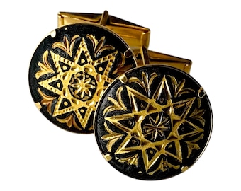 Etched Vintage Cufflinks, Round Gold-tone Black Enamel Cuff Links, Eight Point Star Snowflake Design Denotes Harmony, Prom Tuxedo Accessory