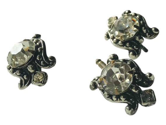 Vintage Tuxedo Shirt Studs Rhinestone Turtles Set of Three, Silver-tone Detailed Casing, Sliding Pin, Retro Mid Century Formal Fashion View 2