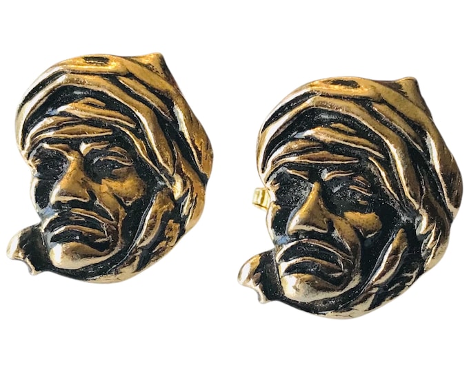Bedouin Vintage Cufflinks, Detailed Raised Design Man in Middle East Headdress, Mid Century Modern GoldTone Cuff Links, Black Enamel Shading