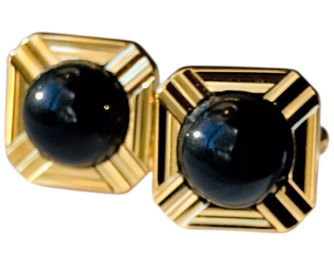 Black Onyx and Goldtone Vintage Pierre Cardin Cuff Links, Luxury Retro Designer Cufflink Set In Original Box