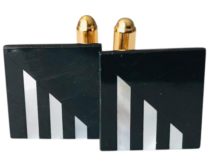 Black and White Stripe Vintage CuffLinks, Black Enamel Mother of Pearl Inlay Piano Key Design, Square Retro Cuff Links, Gold Tone Casing