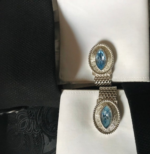 Vintage Cufflinks, Artic Blue Glass Cat Eye Stone… - image 8