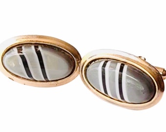 Haberdasher Handsome Retro Neutral CuffLinks, Gray Stripe Black in Goldtone, Smart Dapper Oval Touch of Class, Man Gift