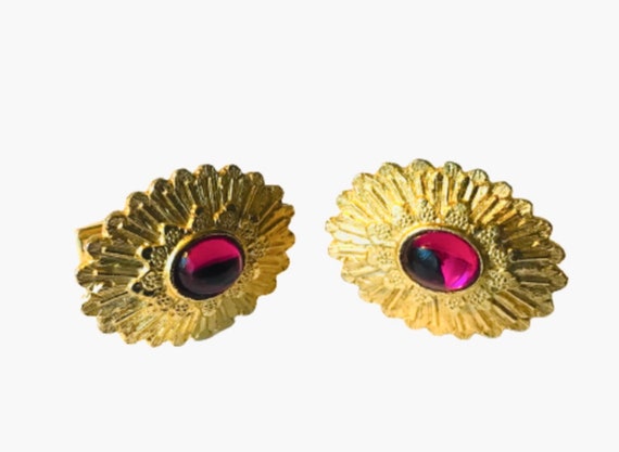 Large Vintage 70s Gold-tone Floral Cufflinks Cuff… - image 4