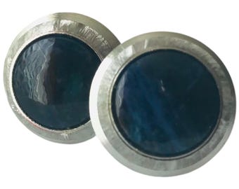 Destino Vintage Cufflinks, Round Blue Lapis Stone Silver-tone Set, Florentine Finish, Classic Mid Century Cuff Links, Groom Something Blue