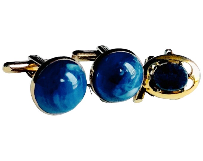 Vintage Cuff Links Tie PinSet, Blue Marble Gold-tone Round Cabochon Cufflinks, Lapis Center, Mid Century Modern,  Classic Groom, Classic Man
