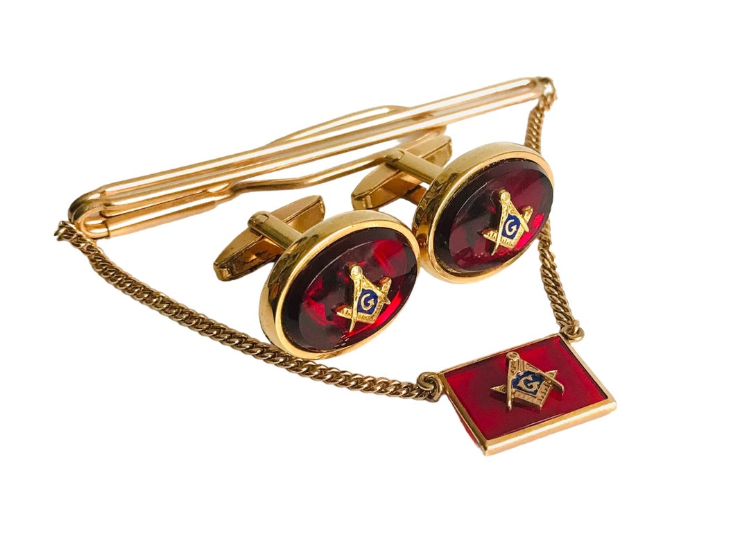 Masonic Emblem Cufflink Tie Bar Chain Set Vintage Gold Tone Etsy