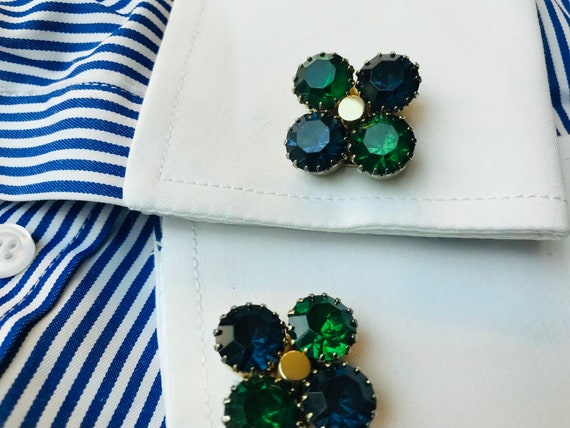 Kelly Green, Navy Blue, Vintage Cufflinks, Mid Ce… - image 8