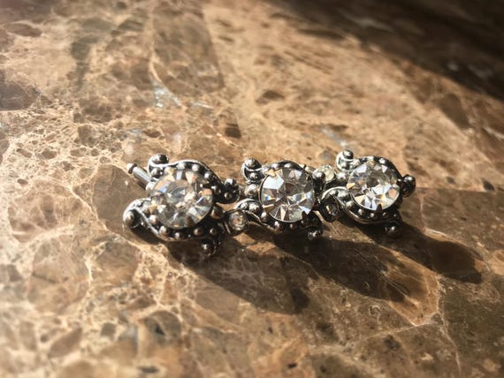 Vintage Tuxedo Shirt Studs Rhinestone Turtles Set of Three, Silver-tone Detailed Casing, Sliding Pin, Retro Mid Century Formal Fashion View 6