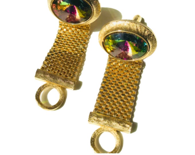 Vintage Cuff Links Wrap Around Chain Rainbow Rivoli Stone Gorgeous