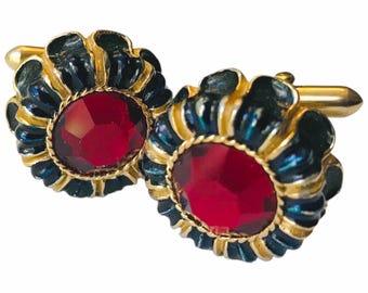 Charming Vintage Cufflinks, GoldTone with Navy Blue Enamel, Red Center Stone, Sensible Groovy, Groom Accent, Gatsby Wedding Groom Cufflinks