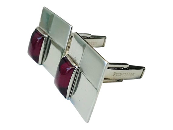 Mid-Century Modern Cufflinks: Silver Tone & Red L… - image 2