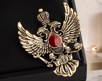 Noble Crest Lapel Pin, GoldTone Double Headed Crowned Eagles Royal Scepter and Orb, Preppy New Item Never Worn with Vintage Antique Design