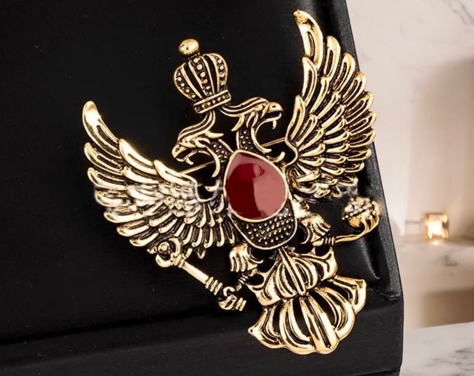 Noble Crest Lapel Pin, GoldTone Double Headed Crowned Eagles Royal Scepter and Orb, Preppy New Item Never Worn with Vintage Antique Design