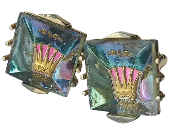 Vintage Cufflinks by Swank, Painted Gold Crown Iridescent, Mid Century Jewelry Gift
