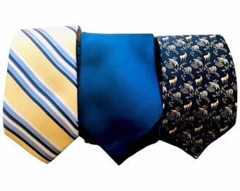 Fine Vintage Luxury Silk Tie Set of 3, Tommy Hilfinger Yellow Blue Stripe Tie, Blue Pierre Cardin Tie, St Loren Wildlife Print on Navy Tie