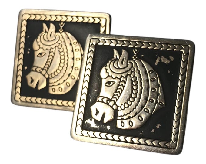 Vintage Cufflinks, Goldtone Square Black Enamel Cuff Links, Raised Byzantine Horse Equestrian Motif, Raised Braided Edge Design, Mid Century