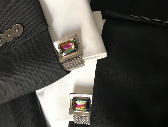 Vintage Emerald Cut Glass Cufflinks: Silvertone M… - image 3