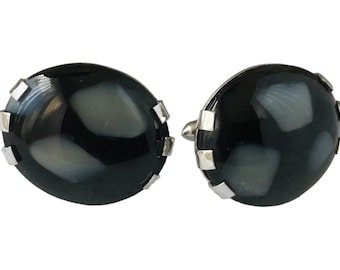 Extraordinary Oscar Night, Vintage Cufflinks, Huge Black with Gray Cabochon, Unique Gift