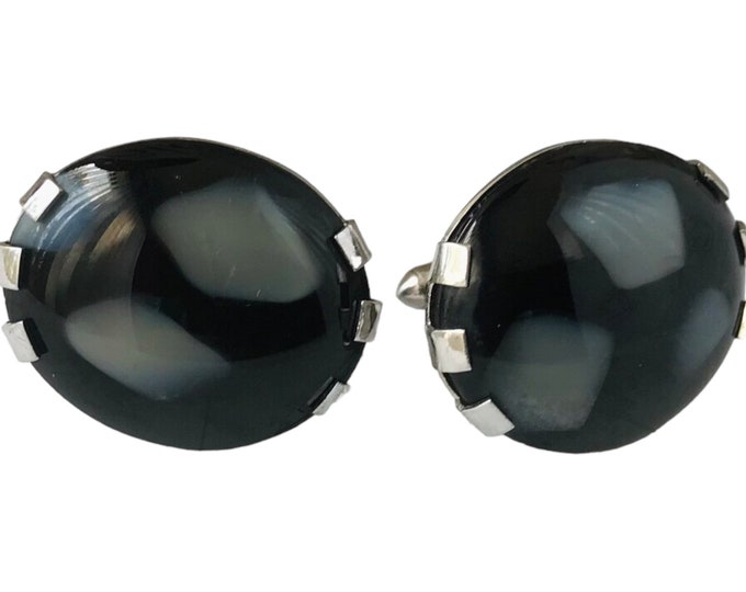 Extraordinary Oscar Night, Vintage Cufflinks, Huge Black with Gray Cabochon, Unique Gift