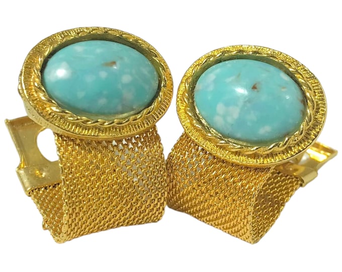 LOVE Wedding Gift, Robin Egg Blue Vintage Cufflinks, Goldtone Setting, Winning Gift for Him! In original box, #GroomGift #Vintage Cufflinks
