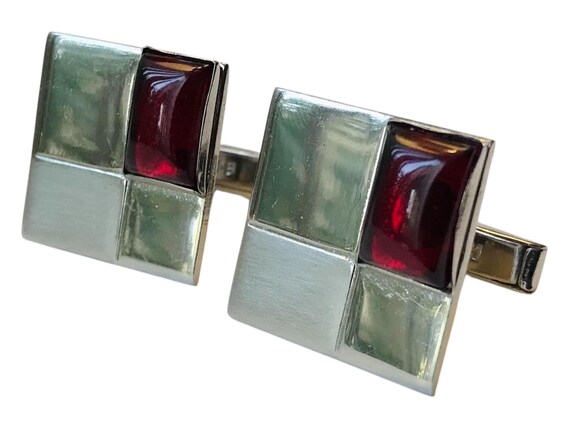 Mid-Century Modern Cufflinks: Silver Tone & Red L… - image 8