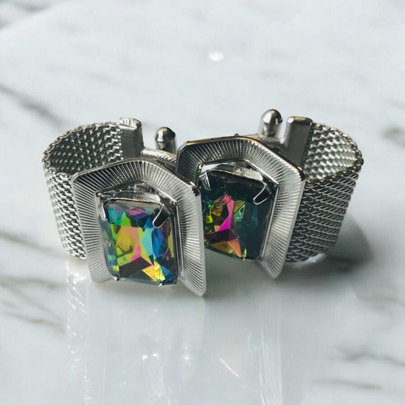 Vintage Emerald Cut Glass Cufflinks: Silvertone M… - image 7