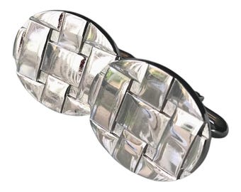 Silvertone Vintage Cufflinks, Latticed Oval Shaped Mid Century Classy Tuxedo Accessory, Retro Prom Traditional Wedding Groom, Groomsman Gift