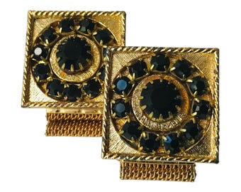 Vintage CuffLinks Gold Tone Mesh Chain Wrap Detail, Black Rhinestones in Circular Pattern, Formal Menswear Accent, Retro 70s Groom Gift