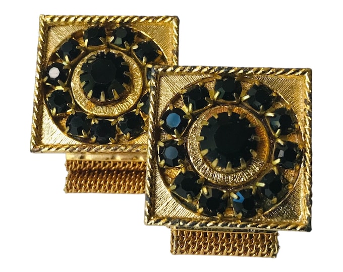Vintage CuffLinks Gold Tone Mesh Chain Wrap Detail, Black Rhinestones in Circular Pattern, Formal Menswear Accent, Retro 70s Groom Gift