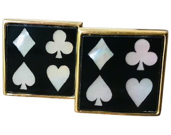 Mother of Pearl Inlay Vintage Cuff Links, Black Base Gold-tone Cufflinks, Suit of Cards Minimalist Style, Elegant Vegas Menswear Accessory