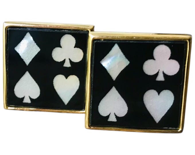 Mother of Pearl Inlay Vintage Cuff Links, Black Base Gold-tone Cufflinks, Suit of Cards Minimalist Style, Elegant Vegas Menswear Accessory