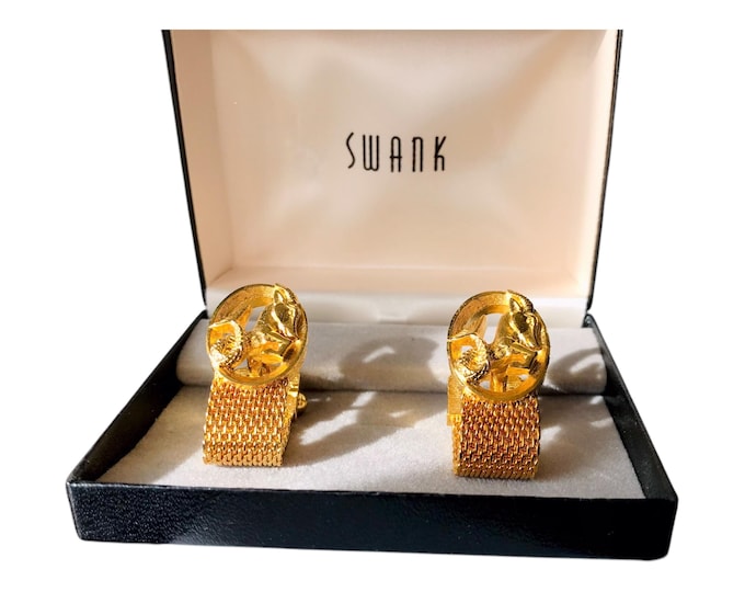 Hip Vintage Zodiac Capricorn Swank CuffLinks, GoldTone Mesh Chain Wrap, Detailed Goat Design, Original Box, Mid Century Retro Cuff Links