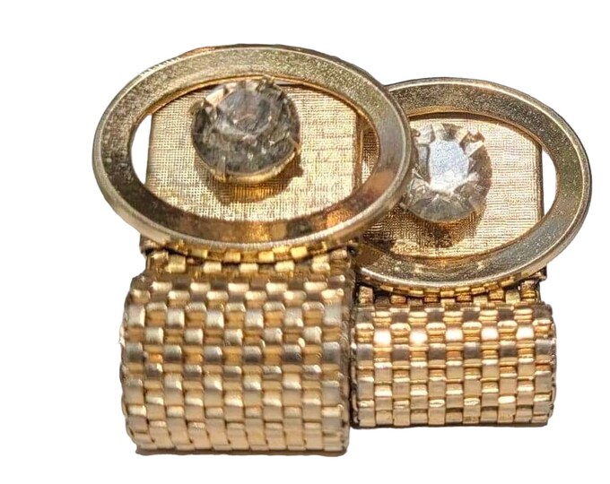 Classic Gray Rhinestone Gold-tone Cufflinks, Oval Mesh Chain Wrap Around Cufflinks, Mid Century Retro Handsome Gift