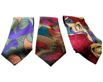 Stylish 80s Vintage Neckties, Chez Roffe Expo Tie Martin Wong Ties, Burgandy Gold Blue Khaki Spice Patterned Silk and Poly Tie, Retro Gift