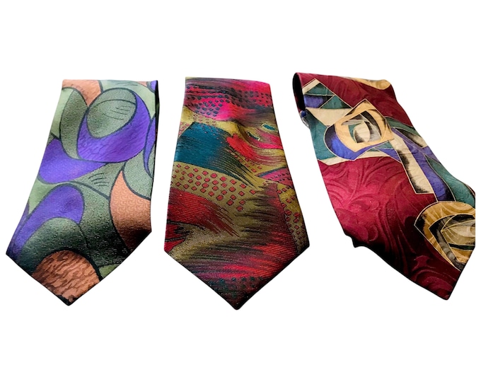 Stylish 80s Vintage Neckties, Chez Roffe Expo Tie Martin Wong Ties, Burgandy Gold Blue Khaki Spice Patterned Silk and Poly Tie, Retro Gift