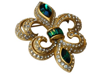 Retro Big 80s Vintage Pin, Beautiful Green and Gold Brooch, Gold-tone Metal Green Glass Clear Rhinestone, Fleur De Lis French Royal Symbol