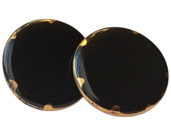 Solid Black Vintage Cuff Links, Gold-tone Case, Mid Century Modern Cufflinks, Formalwear Menswear Jewelry, Lightweight and Minimalist Design
