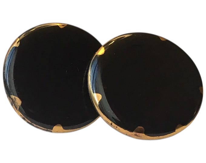 Solid Black Vintage Cuff Links, Gold-tone Case, Mid Century Modern Cufflinks, Formalwear Menswear Jewelry, Lightweight and Minimalist Design