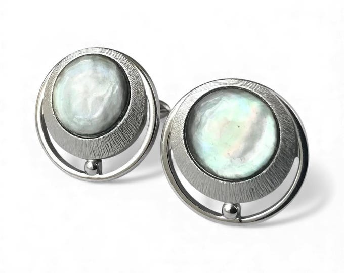 Vintage Cufflinks, Mother of Pearl Silver-tone and Dark Gray, Vintage Mid Century Modern Cuff Links, Artistic Design Cuff Links Retro Gift