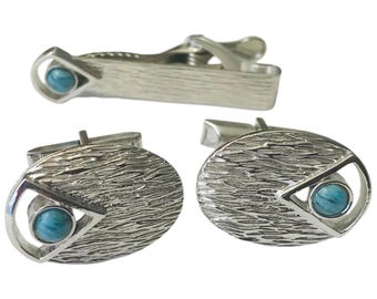 Silvertone Swank Vintage Cufflink Tie Clip Set, Blue Accent Stone, Original Box, Oval Shaped Cufflinks, Mid Century Modern Textured Design