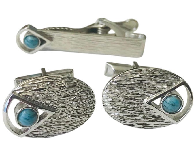 Silvertone Swank Vintage Cufflink Tie Clip Set, Blue Accent Stone, Original Box, Oval Shaped Cufflinks, Mid Century Modern Textured Design