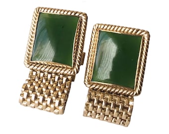 Vintage Cuff Links, Hunter Green Rectangular Center, Gold Tone Frame Wrap Woven Chain, Elegant Mid Century Design, Anniversary Birthday Gift