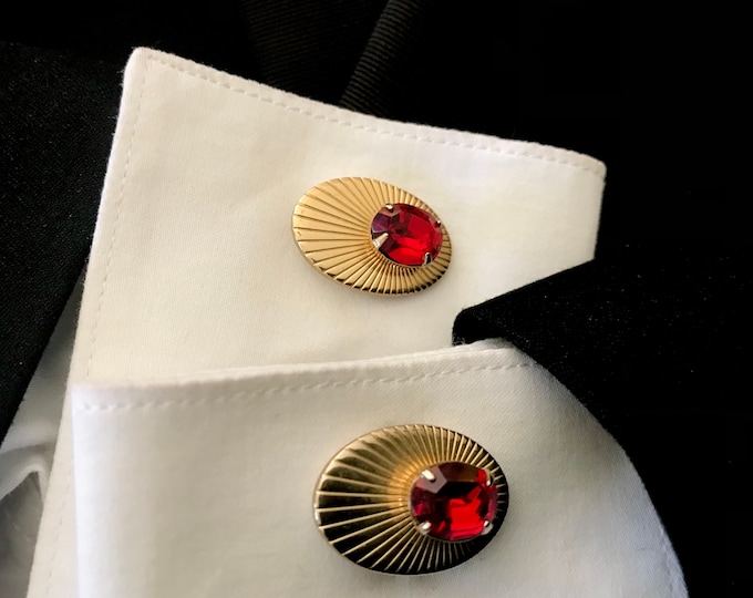 Retro Swag Collectable Cuff Links Gold-tone Red Stone Mens Formal Gift